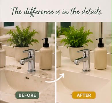 Bathroom sink before and after detail cleaning.