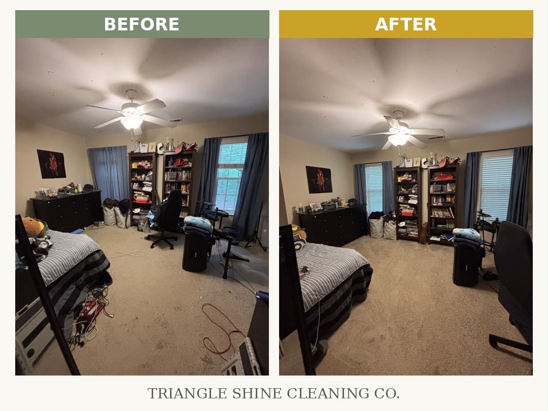 Bedroom before and after cleaning by Triangle Shine Cleaning Co.