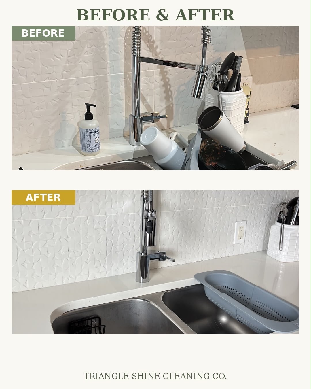 Kitchen sink area before and after cleaning by Triangle Shine Cleaning Co.